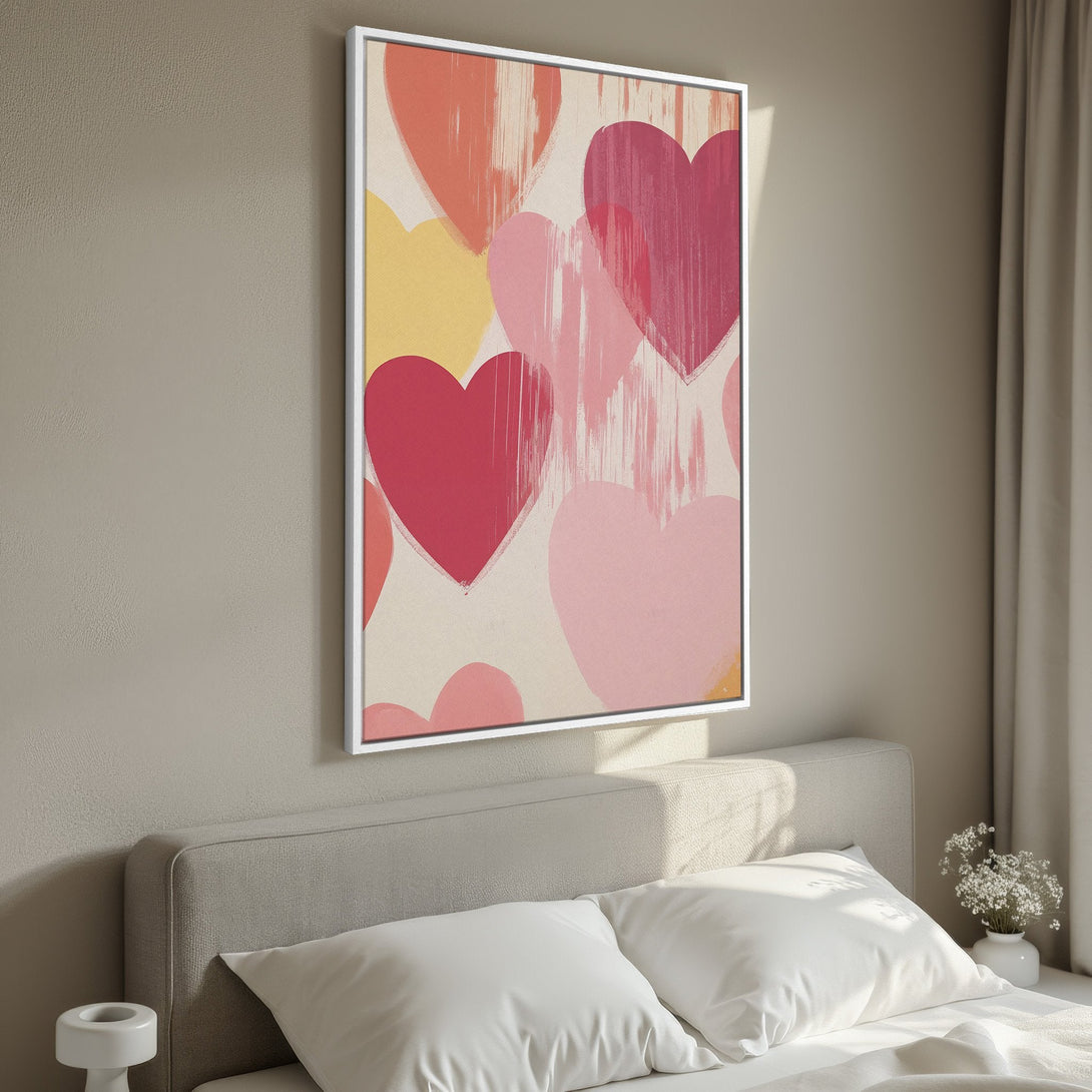 Framed Wall Art featuring abstract hearts in a warm, romantic color palette. Perfect bedroom decor!