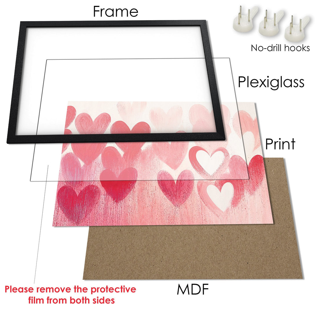 Framed Poster with pink heart art. Modern style, romantic aesthetic. Perfect wall decor for your home.
