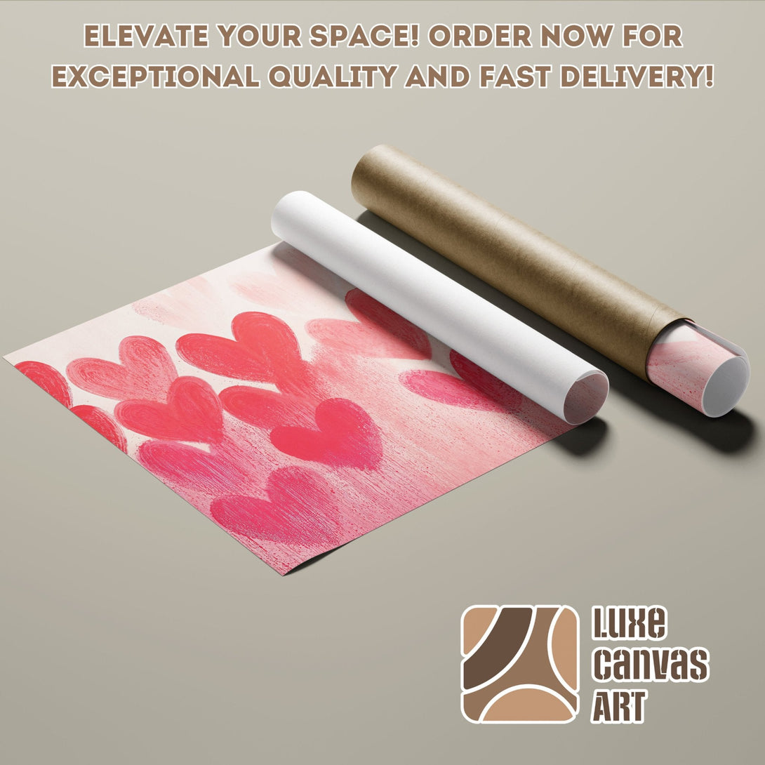 Poster Roll with heart art in pink and red hues. Elevate your space with Luxe Canvas Art!
