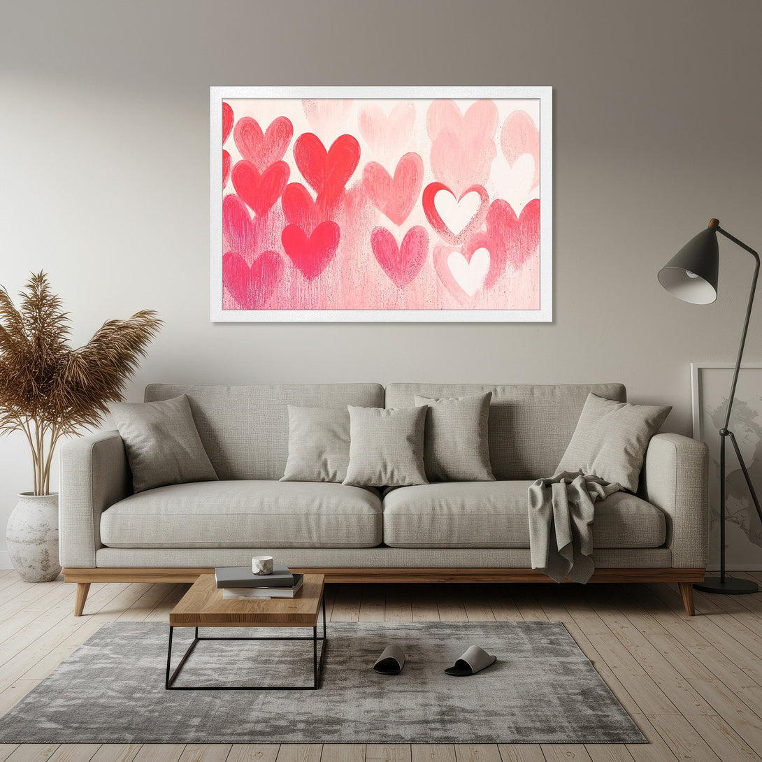 Framed Poster featuring abstract hearts in shades of pink and red. Perfect wall art for a romantic touch.