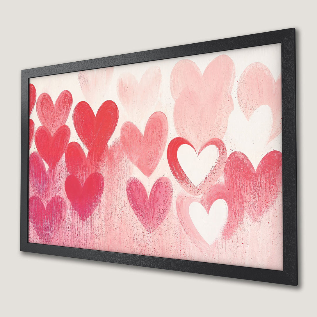 Framed Poster featuring abstract hearts in a romantic pink and red color palette, perfect for Valentine's Day decor.