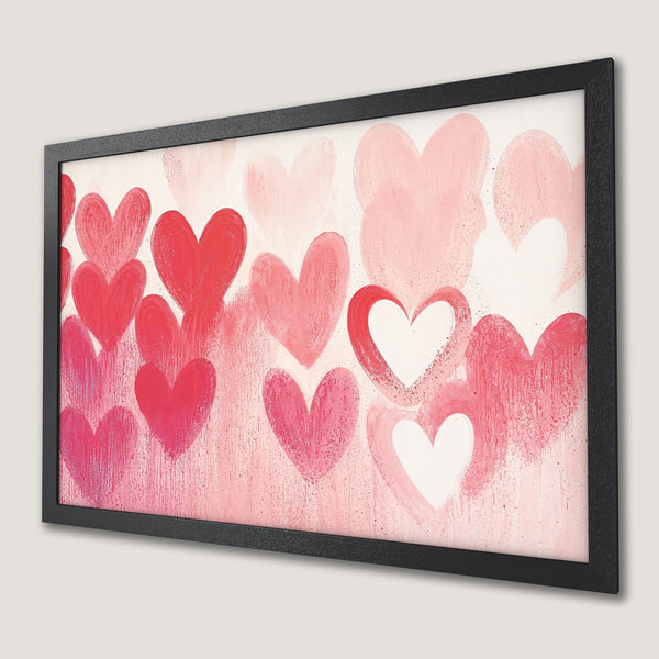 Framed Poster featuring abstract hearts in a romantic pink and red color palette, perfect for Valentine's Day decor.