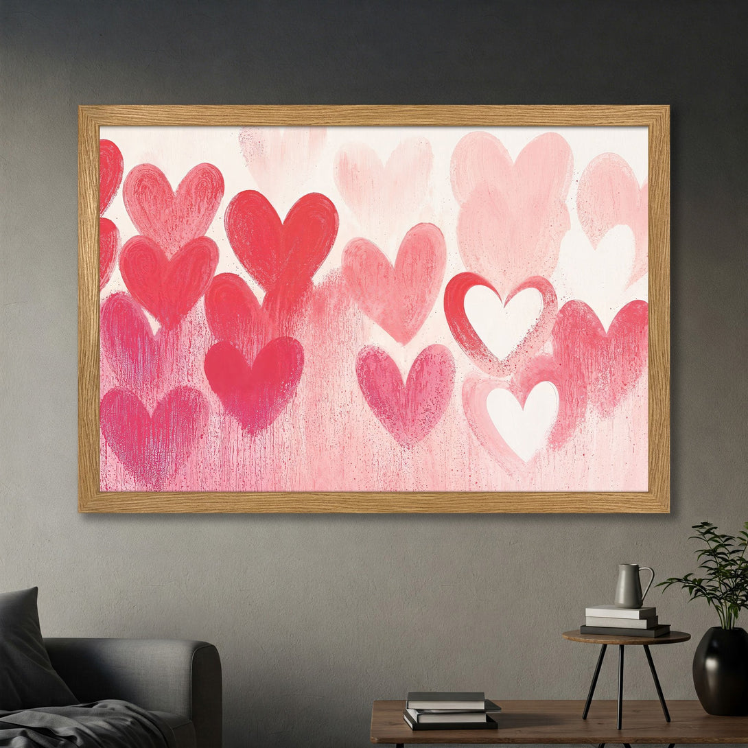 Framed Poster featuring abstract hearts in pink and red hues, perfect wall art to add love to your home decor.