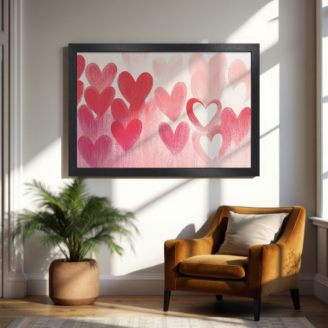 Framed Poster featuring abstract hearts in pink & red hues. Modern art print perfect for Valentine's Day decor.
