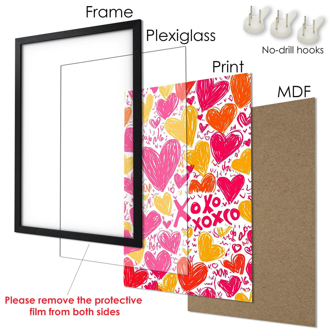 Framed Poster featuring a vibrant heart design in pink, orange, and yellow. Perfect wall art!