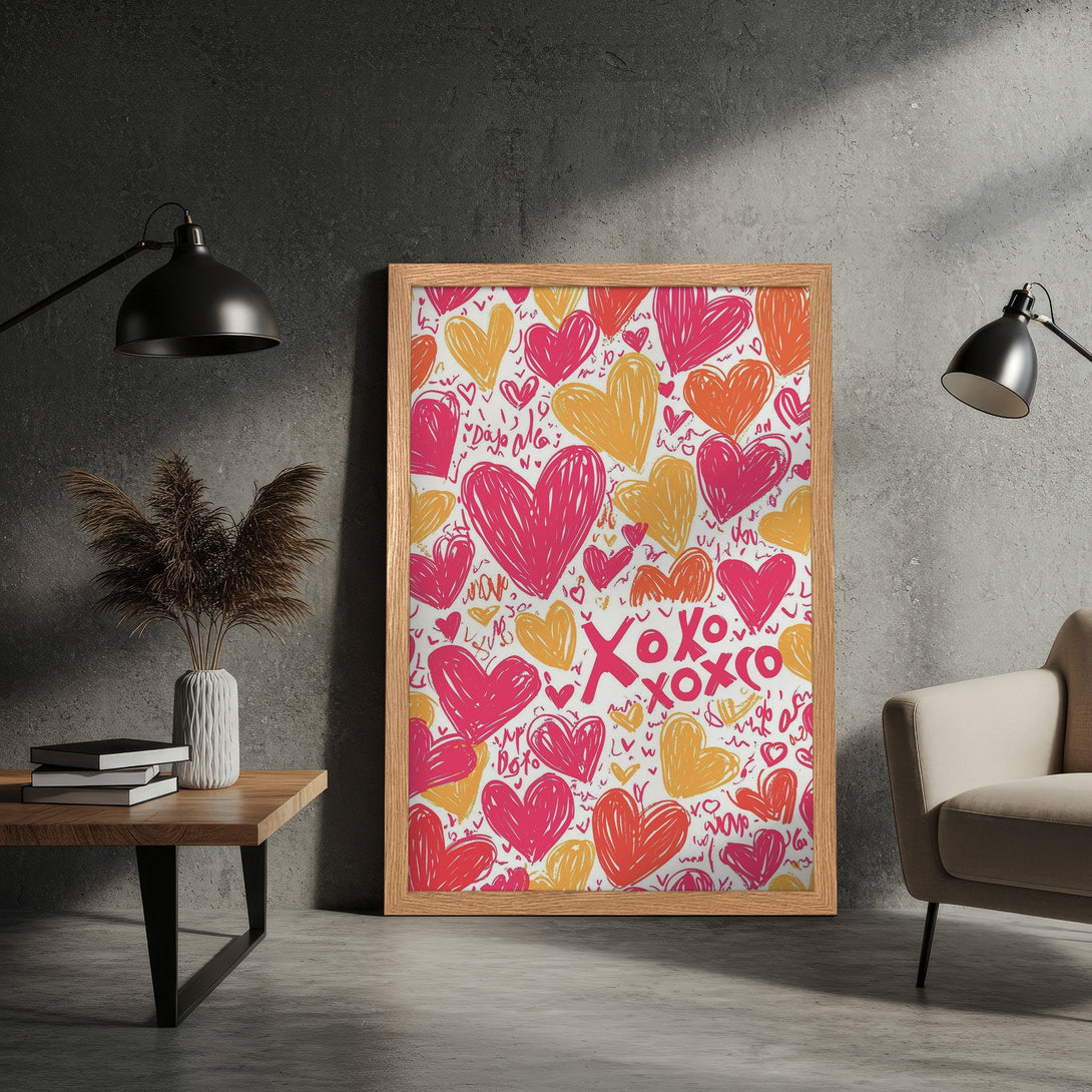 Framed Poster with hand-drawn hearts in pink, orange, and yellow. Modern art style, perfect for Valentine's Day decor.