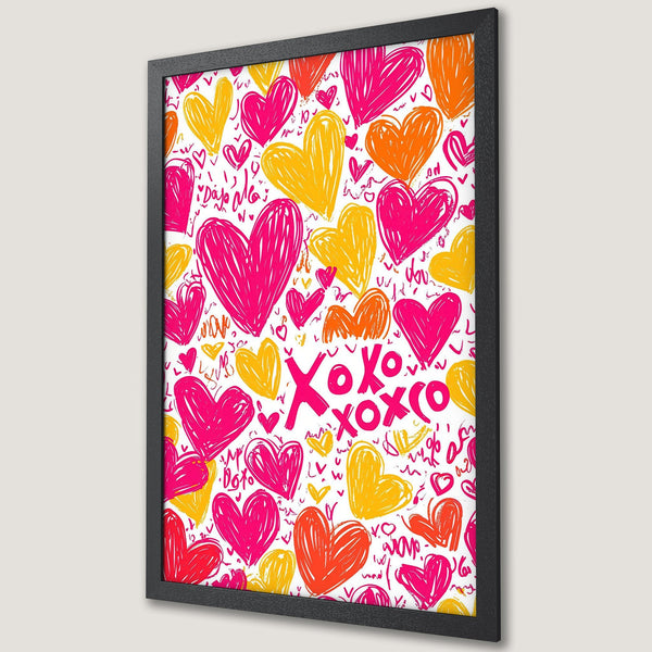 Framed Poster featuring hearts in pink, yellow, and orange on a white background. Modern, hand-drawn style, perfect for Valentine's Day decor.