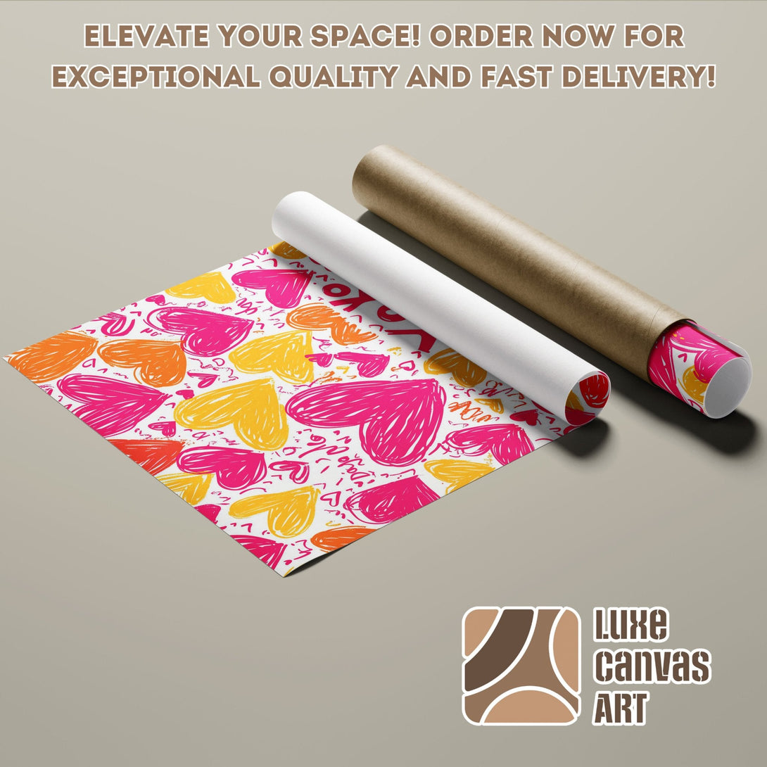 Poster roll with heart pattern art in pink, orange, and yellow. Perfect wall decor!