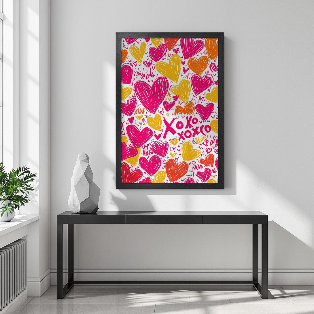 Framed Poster featuring a vibrant heart pattern in pink, orange, and yellow. Modern art perfect for adding love to your space!