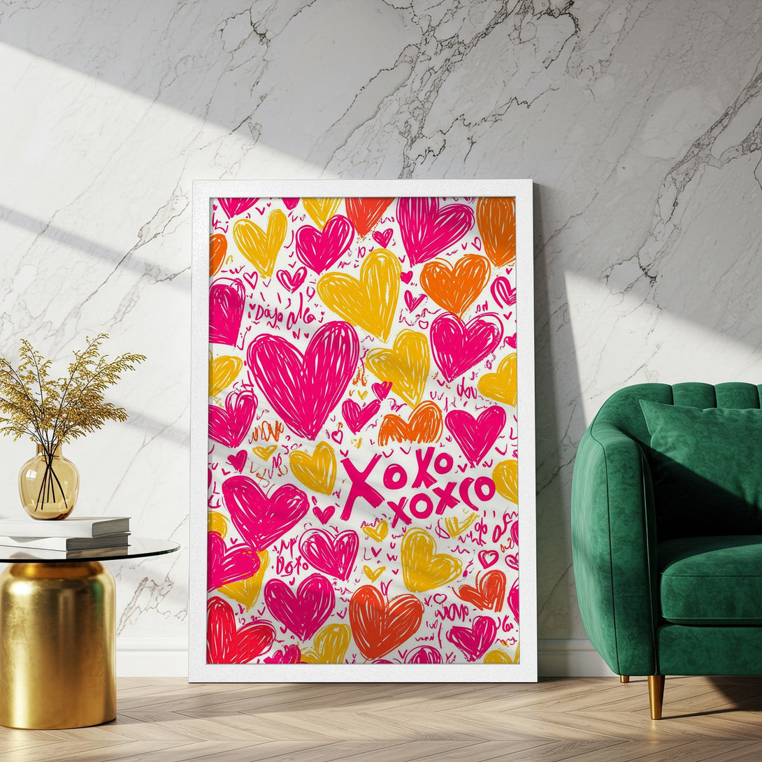 Framed Poster featuring a vibrant heart design in pink, yellow, and orange on a white background. Perfect for Valentine's Day!