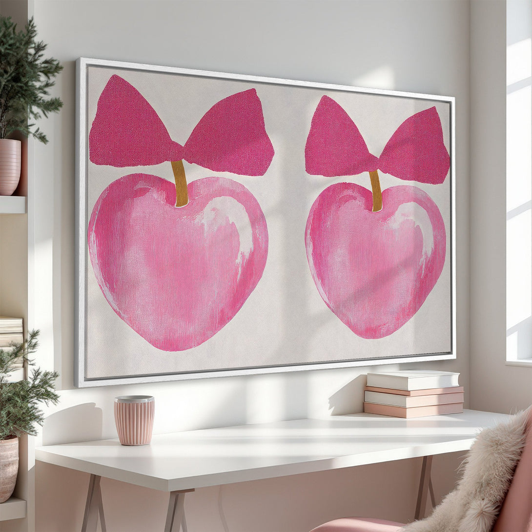 Framed Wall Art: Whimsical pink heart painting with bow, modern style. Soft, romantic color palette, perfect for bedroom decor.