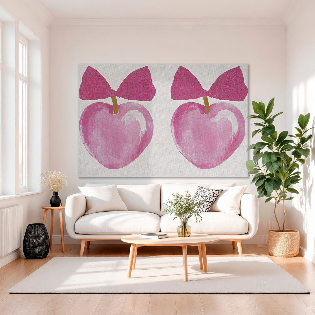 Framed Wall Art: Pink heart painting with gold frame. Modern abstract art with a white and pink color palette. Perfect for living room decor.