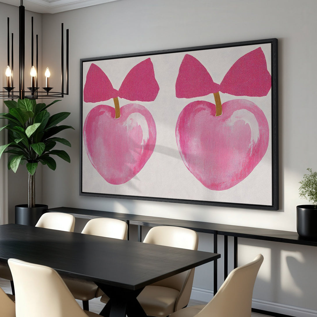 Framed Wall Art: Modern abstract painting of pink hearts with bows. Adds a pop of color to any space. Perfect for living rooms or dining areas.