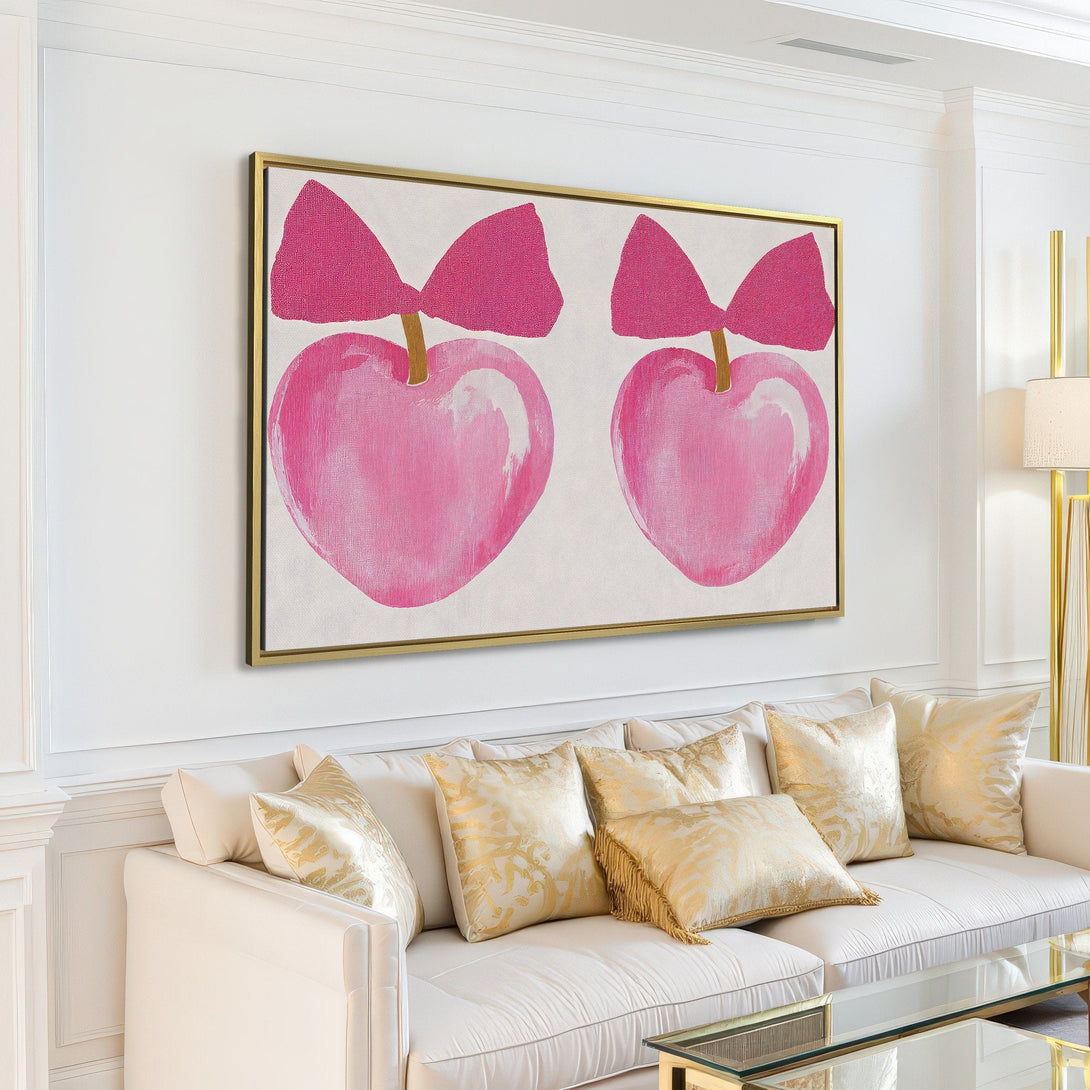 Canvas Print of pink heart art with bows, modern style, displayed in a bright, airy interior with a neutral color palette.