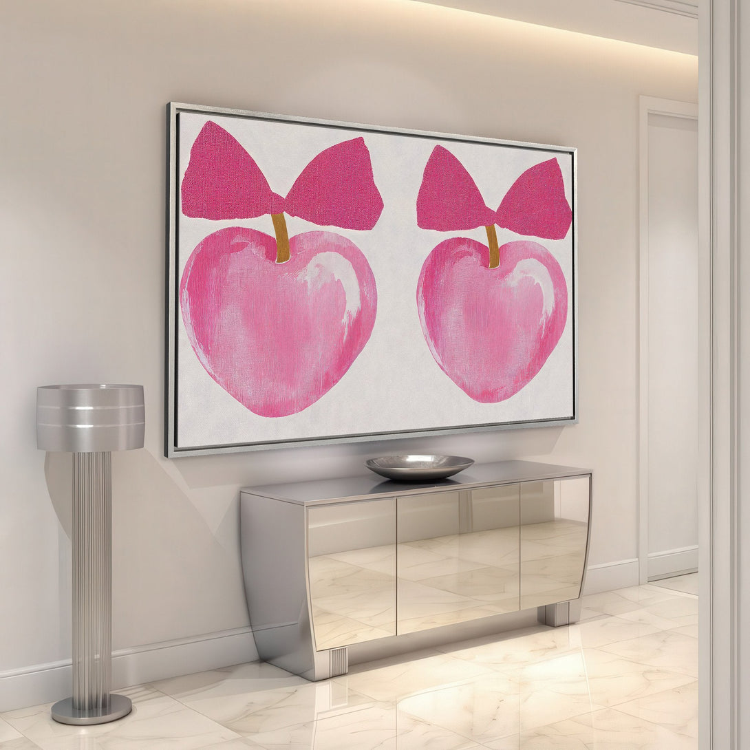 Framed Wall Art featuring vibrant pink heart art. Modern abstract style with a bright pink and white color palette, perfect for adding a pop of color to any space.