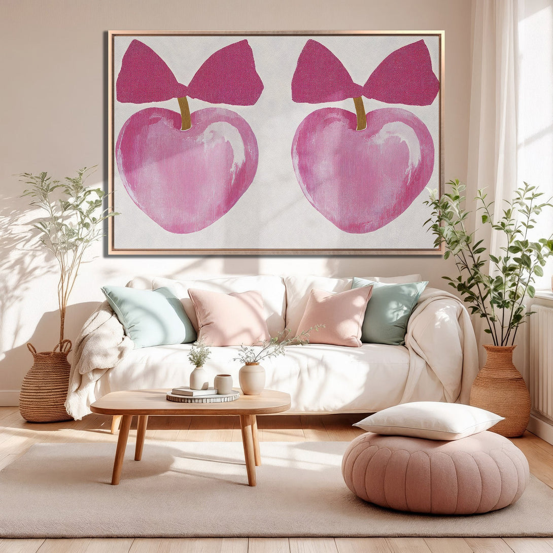 Framed Wall Art featuring pink heart and bow abstract art. Modern style, blush pink palette. Elevate your space with this beautiful Canvas Print!