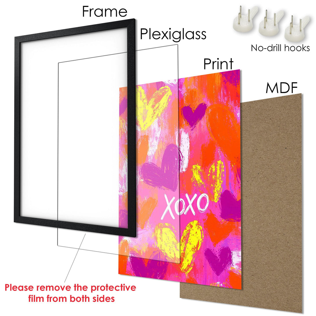 Framed Poster with abstract hearts art in pink, orange, and yellow. Modern wall decor for your home.