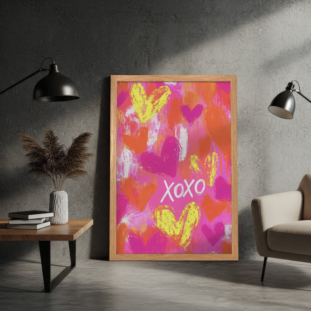 Framed Poster with colorful heart art. Modern abstract style in pink, orange, and yellow hues. Perfect wall decor for a loving touch!