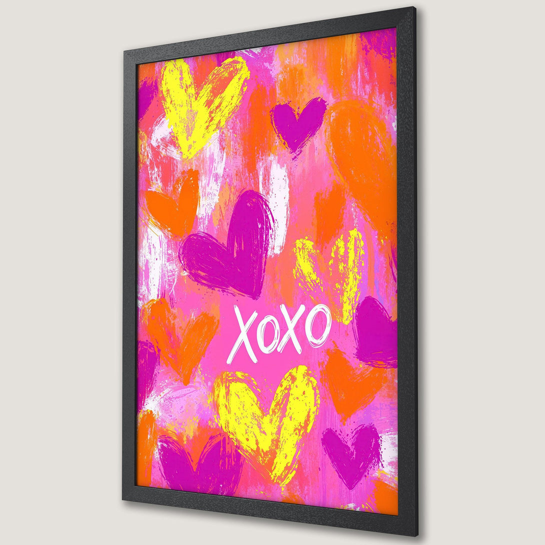 Framed Poster featuring abstract hearts in pink, orange, and yellow. Modern art style with "XOXO" text. Perfect for adding love to your space!