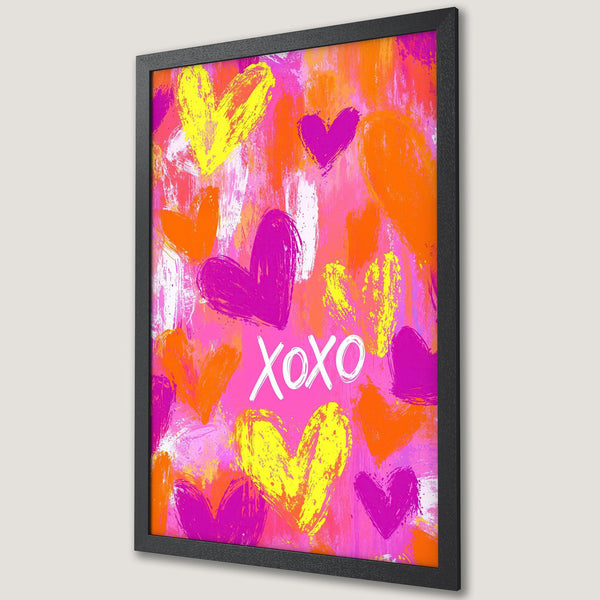 Framed Poster featuring abstract hearts in pink, orange, and yellow. Modern art style with "XOXO" text. Perfect for adding love to your space!