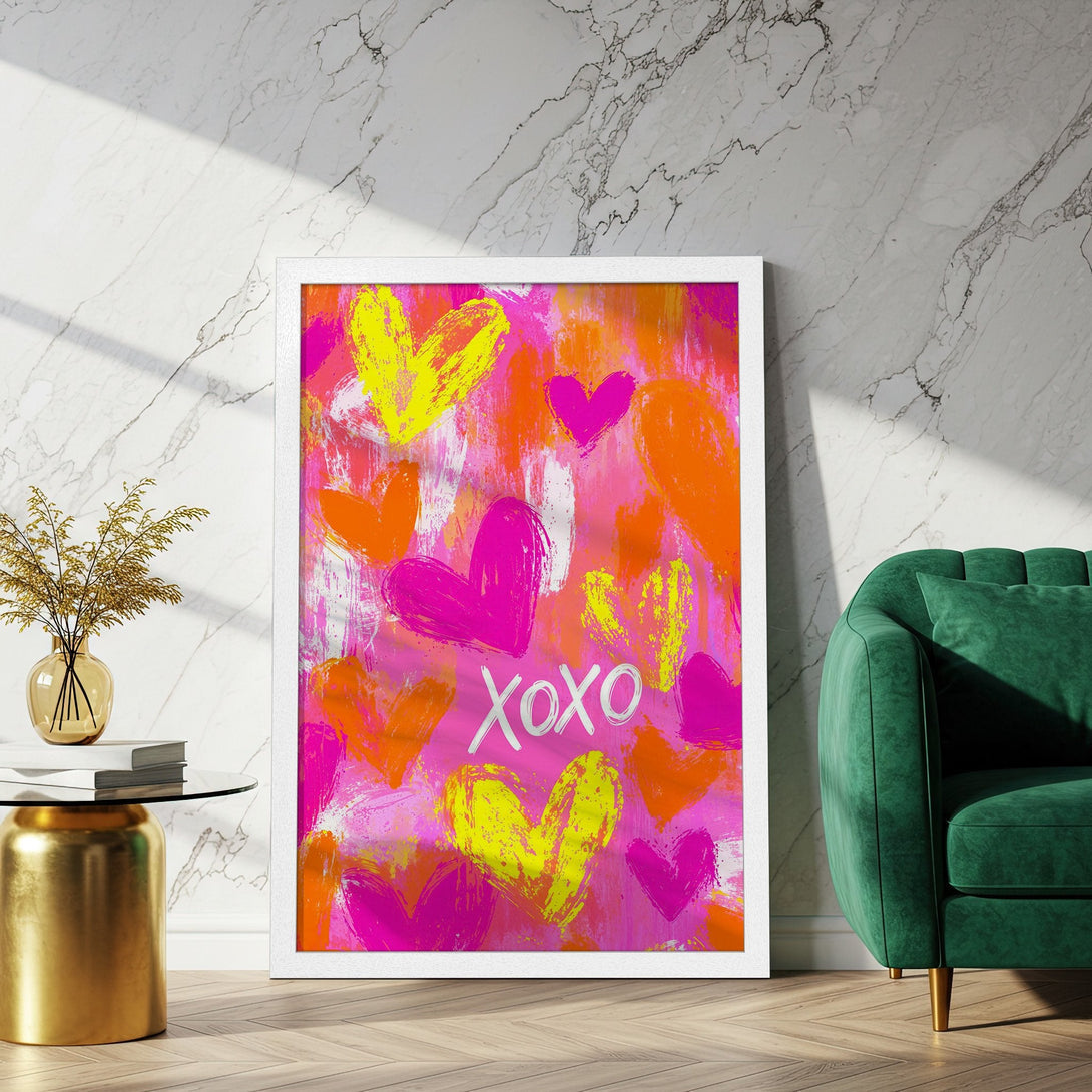 Framed Poster featuring an abstract heart design in vibrant pink, orange, and yellow. Perfect art for adding love to your space!
