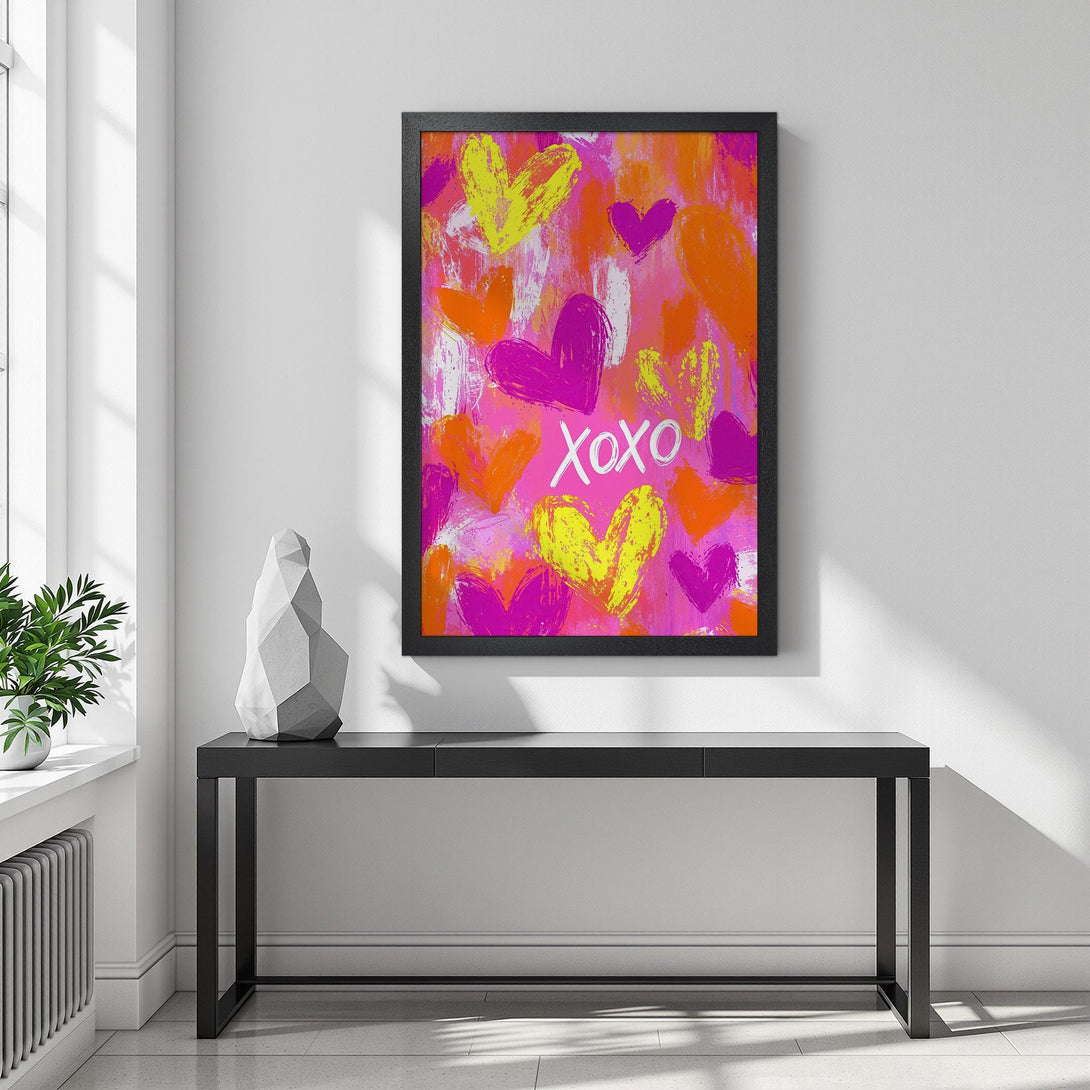 Framed Poster featuring a vibrant heart design in pink, orange, and yellow. Modern art style, perfect for adding love to your space!