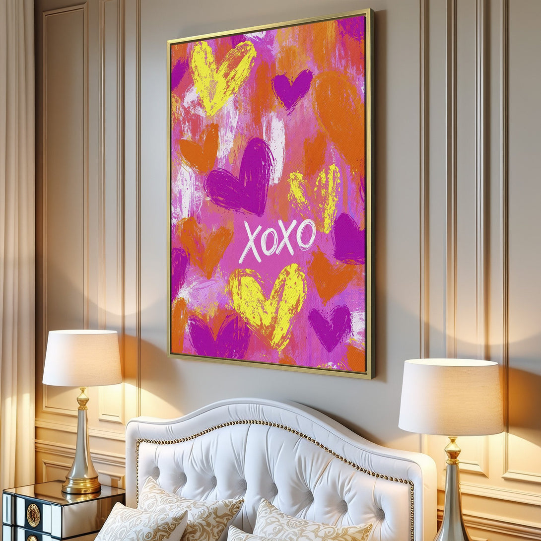 Canvas Print featuring a vibrant, abstract heart design in pink, orange, and yellow. Modern art for your home!