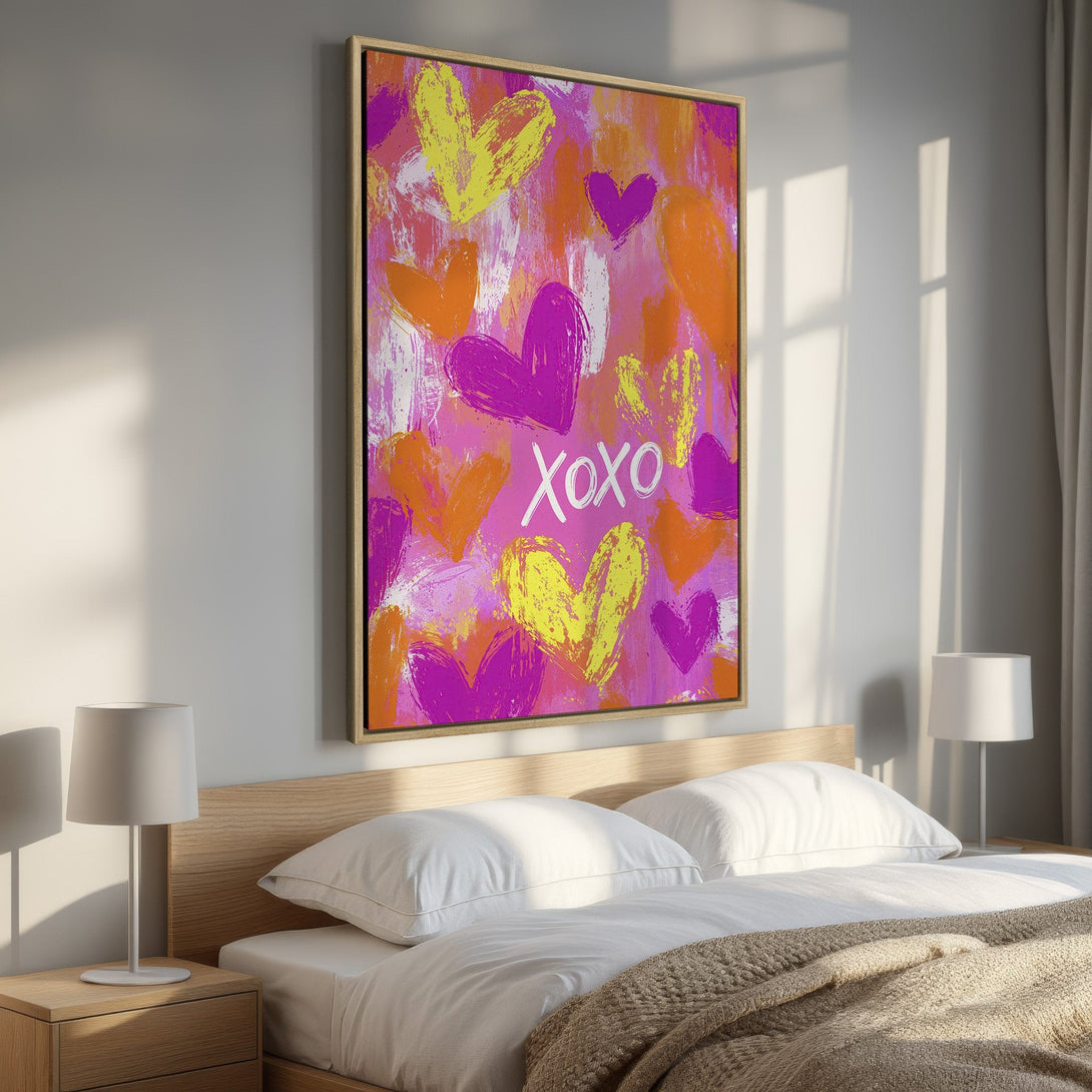 Framed Wall Art: Abstract heart painting in vibrant pink, orange, and yellow hues. Perfect bedroom decor! Add a pop of color with this modern Canvas Print.
