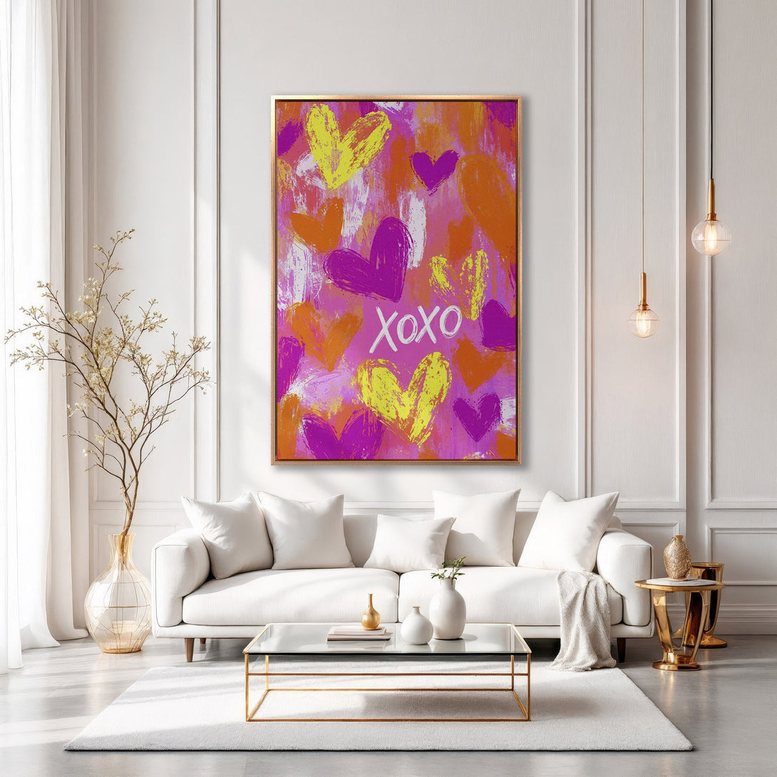 Framed Wall Art: Abstract heart painting in vibrant pink, orange, and yellow. Modern art decor for a stylish living room. Shop now!