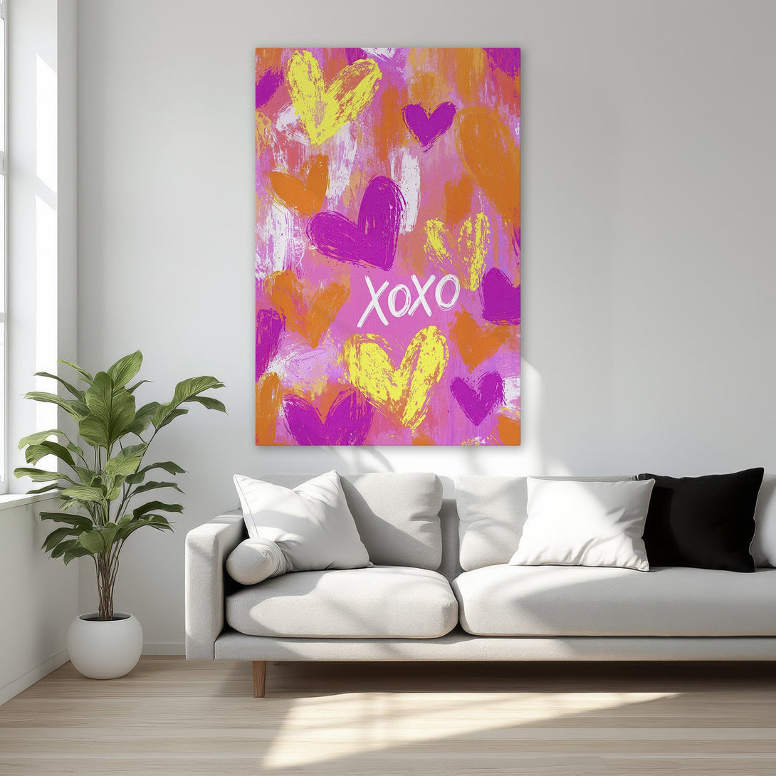 Framed Wall Art: Abstract heart painting in vibrant pink, orange, and yellow. Modern art for bedroom decor. Add love & style to your space!