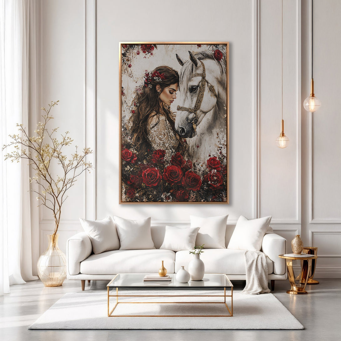 Framed Wall Art featuring a woman and horse with red roses, elegant and romantic style, warm color palette. Perfect for living room decor.