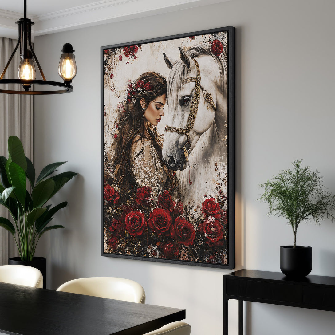 Framed Wall Art: Elegant woman with horse, surrounded by red roses. Romantic, vintage style art with a warm, neutral and red color palette. Perfect home decor.