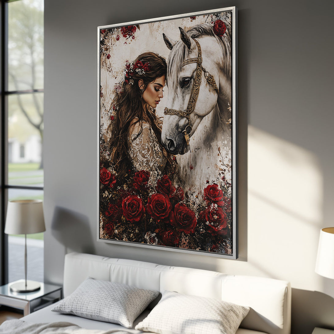 Framed Wall Art: Romantic woman & horse portrait with red roses. Elegant, vintage style in a neutral & red color palette. Perfect bedroom decor.