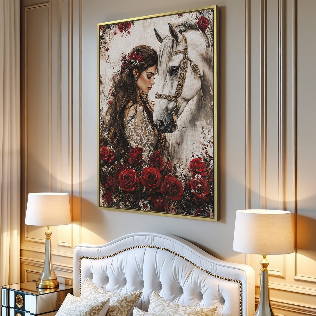 Canvas Print: Romantic art of woman and horse with roses. Elegant style, warm red and neutral color palette, perfect for home decor.