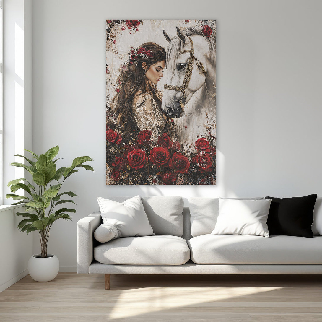 Framed Wall Art: Romantic portrait of woman & horse with red roses. Elegant art in neutral tones with gold frame, perfect for bedroom decor.