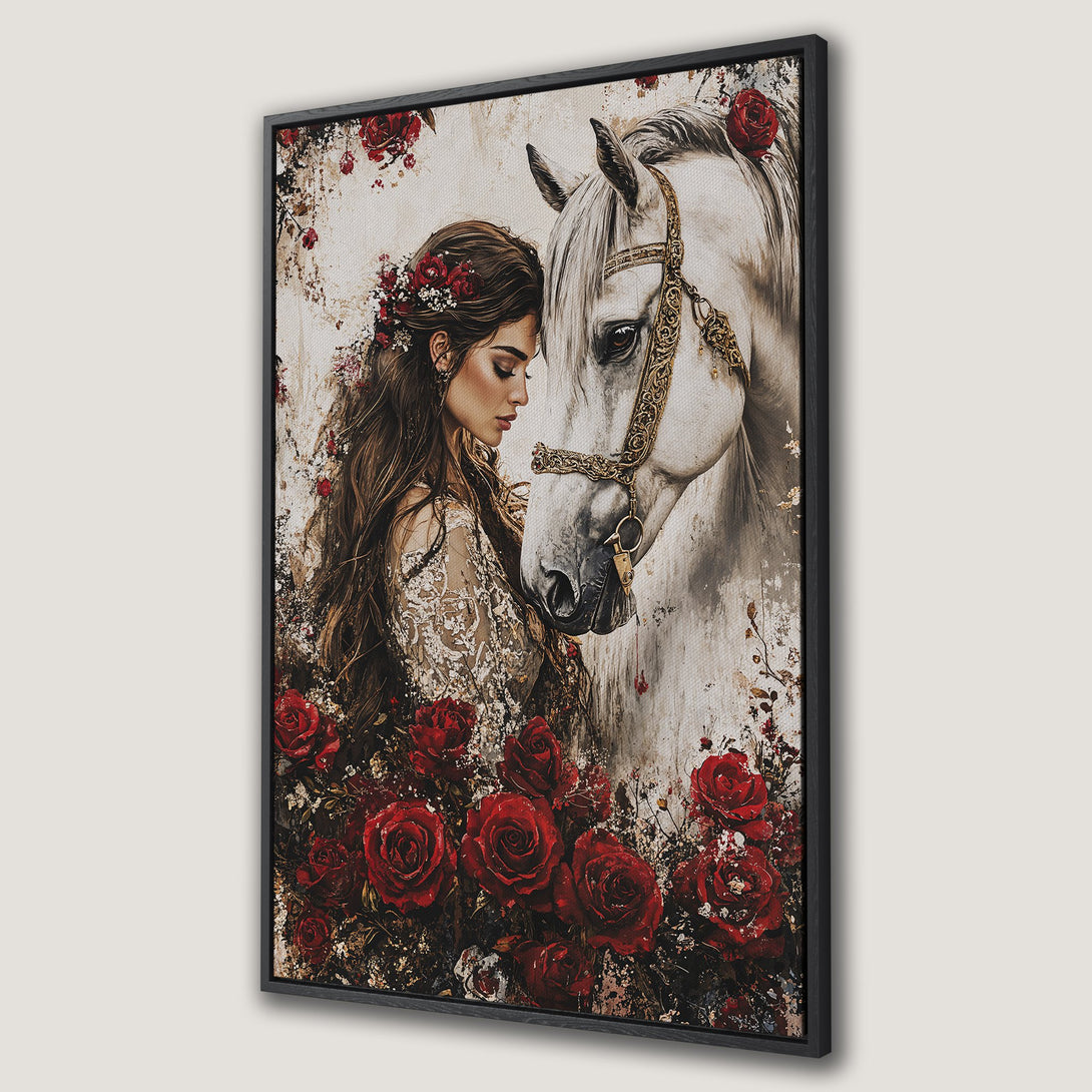 Framed Wall Art: Romantic portrait of woman & white horse, surrounded by red roses. Vintage style, warm color palette. Perfect for bedroom decor.