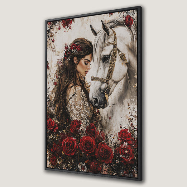 Framed Wall Art: Romantic portrait of woman & white horse, surrounded by red roses. Vintage style, warm color palette. Perfect for bedroom decor.