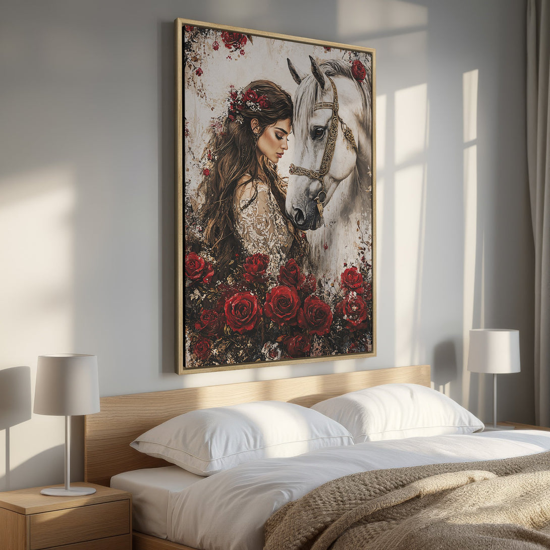 Framed Wall Art: Elegant woman & horse portrait with red roses. Romantic, vintage style, warm color palette. Perfect bedroom decor.