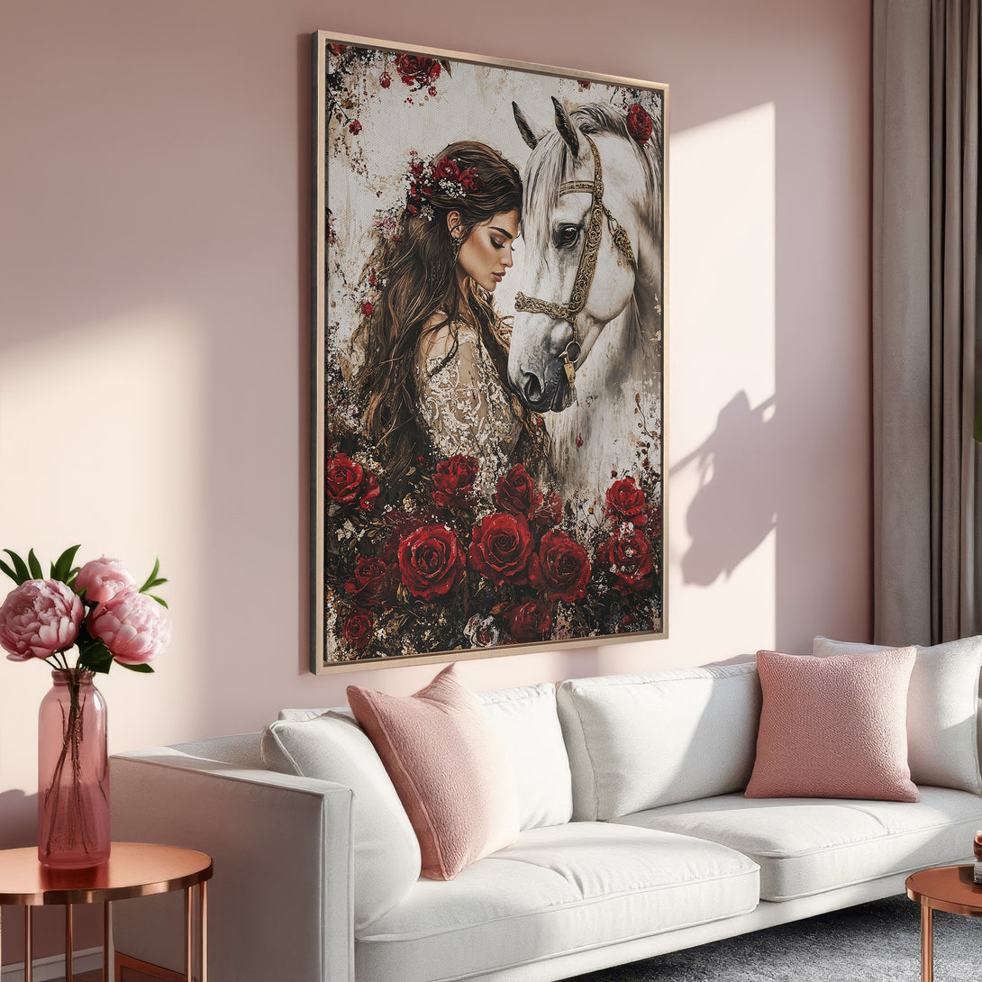 Framed Wall Art: Romantic woman & horse print with red roses. Elegant art in a blush & neutral color palette, perfect for home decor.