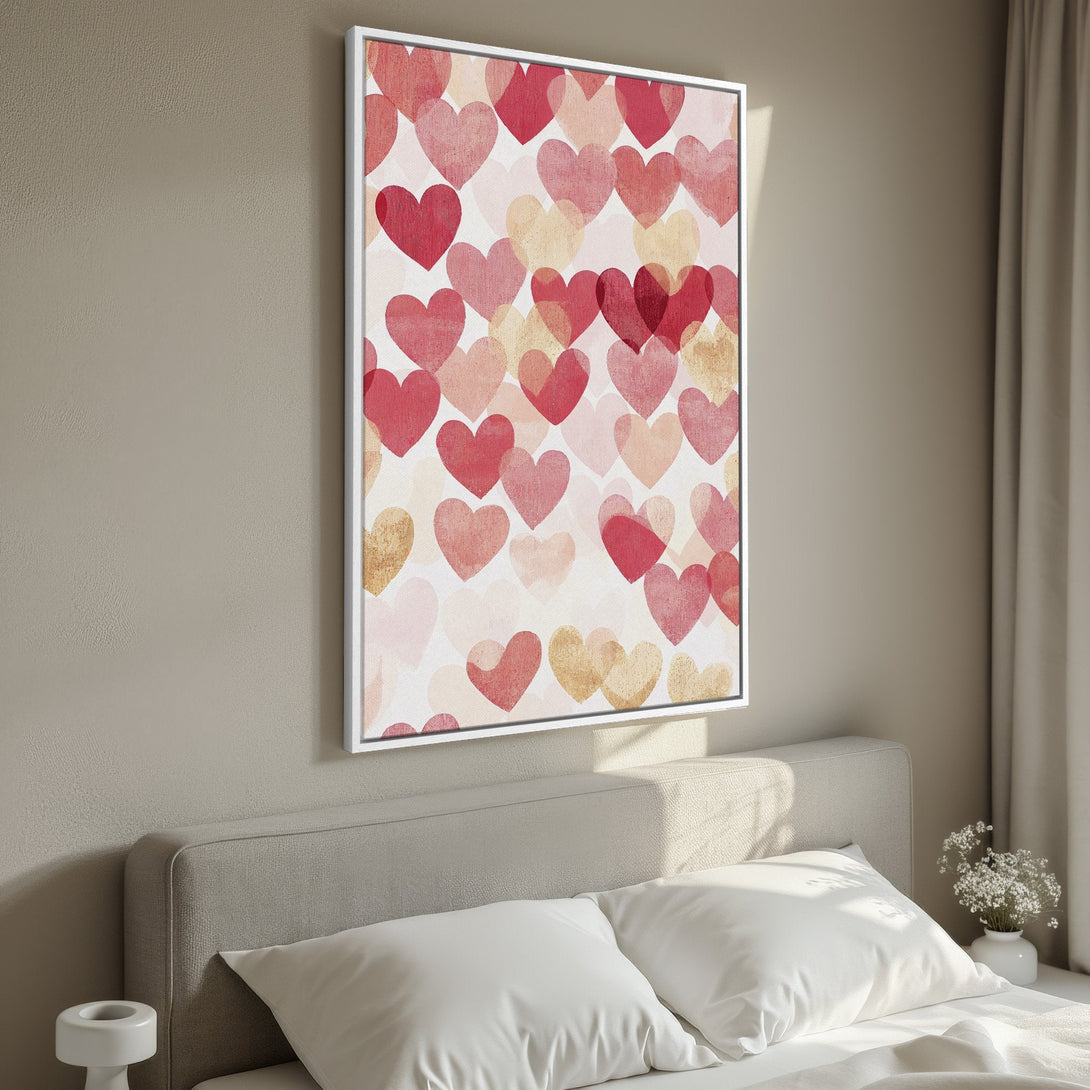 Framed Wall Art featuring a heart pattern in red, pink, and gold. Perfect for adding a touch of love to your bedroom decor. Shop now!