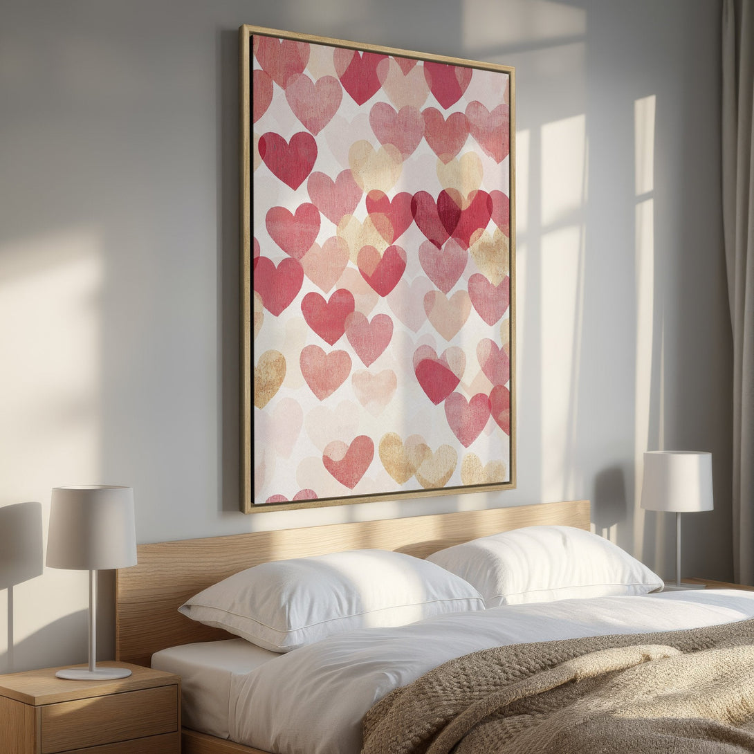 Framed Wall Art featuring a romantic heart pattern in red and gold hues. Perfect bedroom decor. Add love to your space!