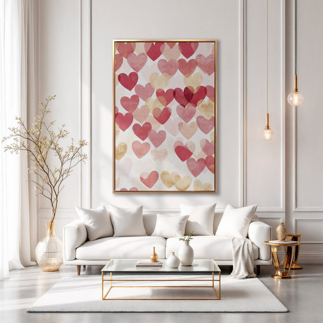 Framed Wall Art featuring a romantic heart pattern in shades of red and gold, adding a touch of love to any modern interior.