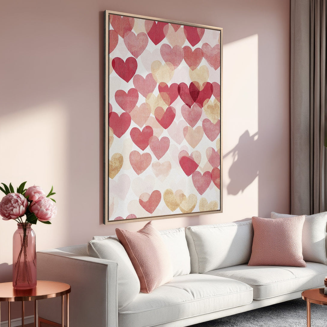 Framed Wall Art featuring a heart pattern in a romantic pink and gold color palette, perfect for adding love and warmth to any space.