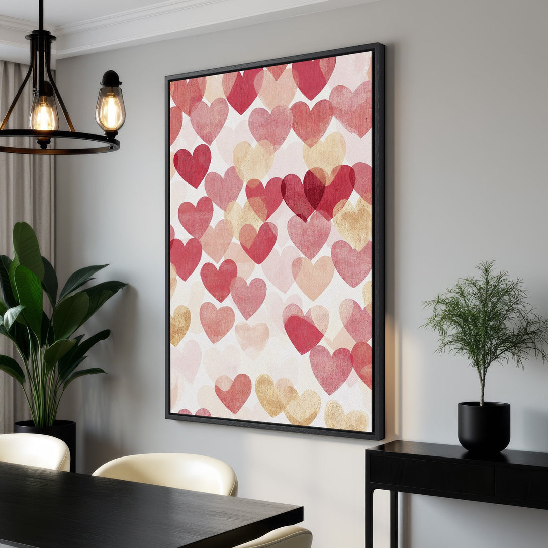 Framed Wall Art: Romantic heart print in red & blush tones. Perfect for Valentine's or any day! Modern style canvas print for living room or bedroom decor.