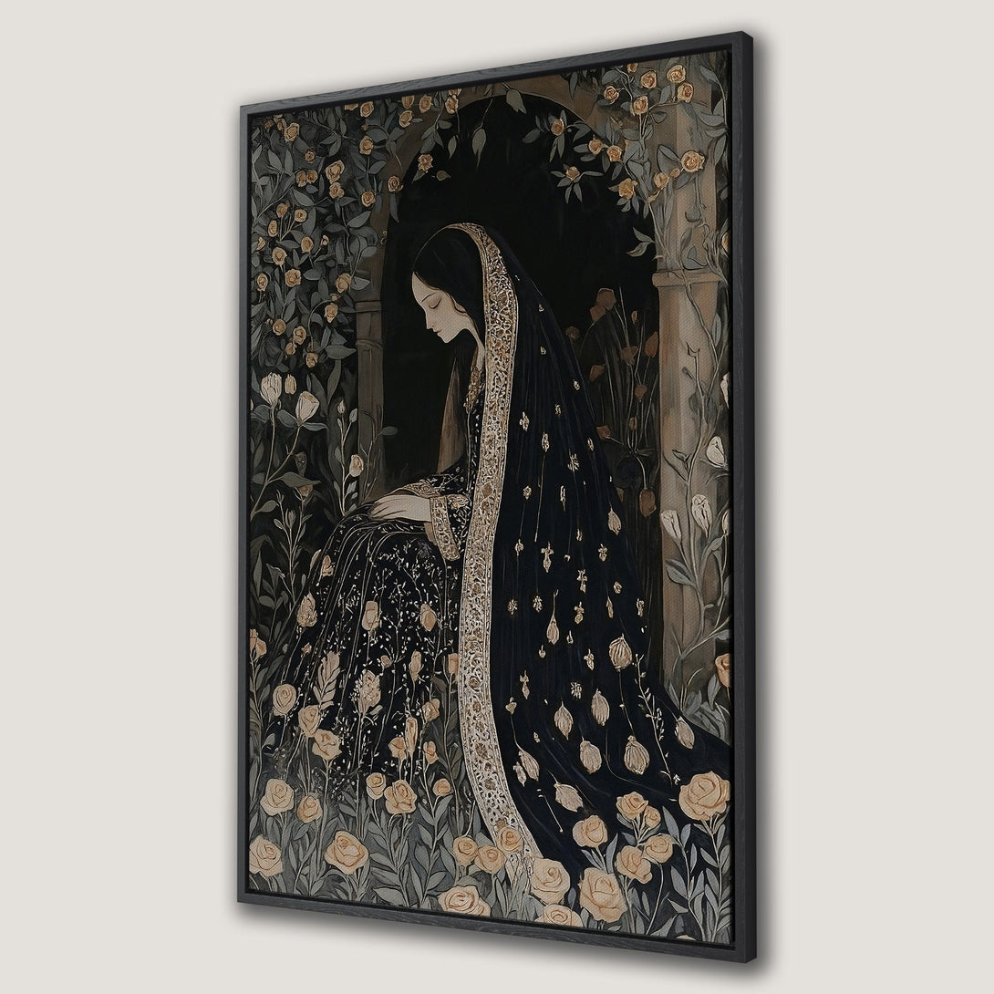 Framed Wall Art: Elegant woman in black gown surrounded by roses. Victorian style with muted gold and dark tones. Perfect for adding a touch of sophistication.