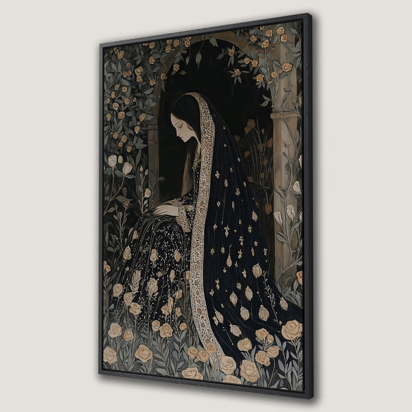 Framed Wall Art: Elegant woman in black gown surrounded by roses. Victorian style with muted gold and dark tones. Perfect for adding a touch of sophistication.