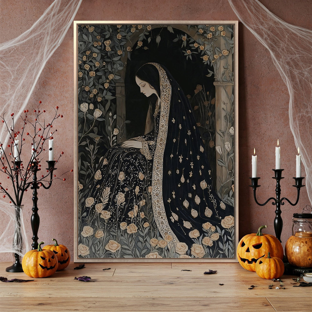 Framed Wall Art: Victorian woman in black dress with gold accents, floral background. Dark, moody color palette. Perfect for Halloween decor!