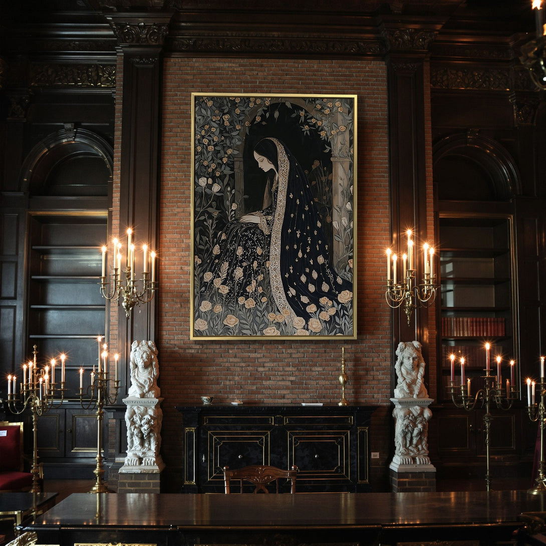 Canvas Print featuring a gothic woman in black with floral details, dark moody palette. Perfect for adding a touch of mystery to your space.