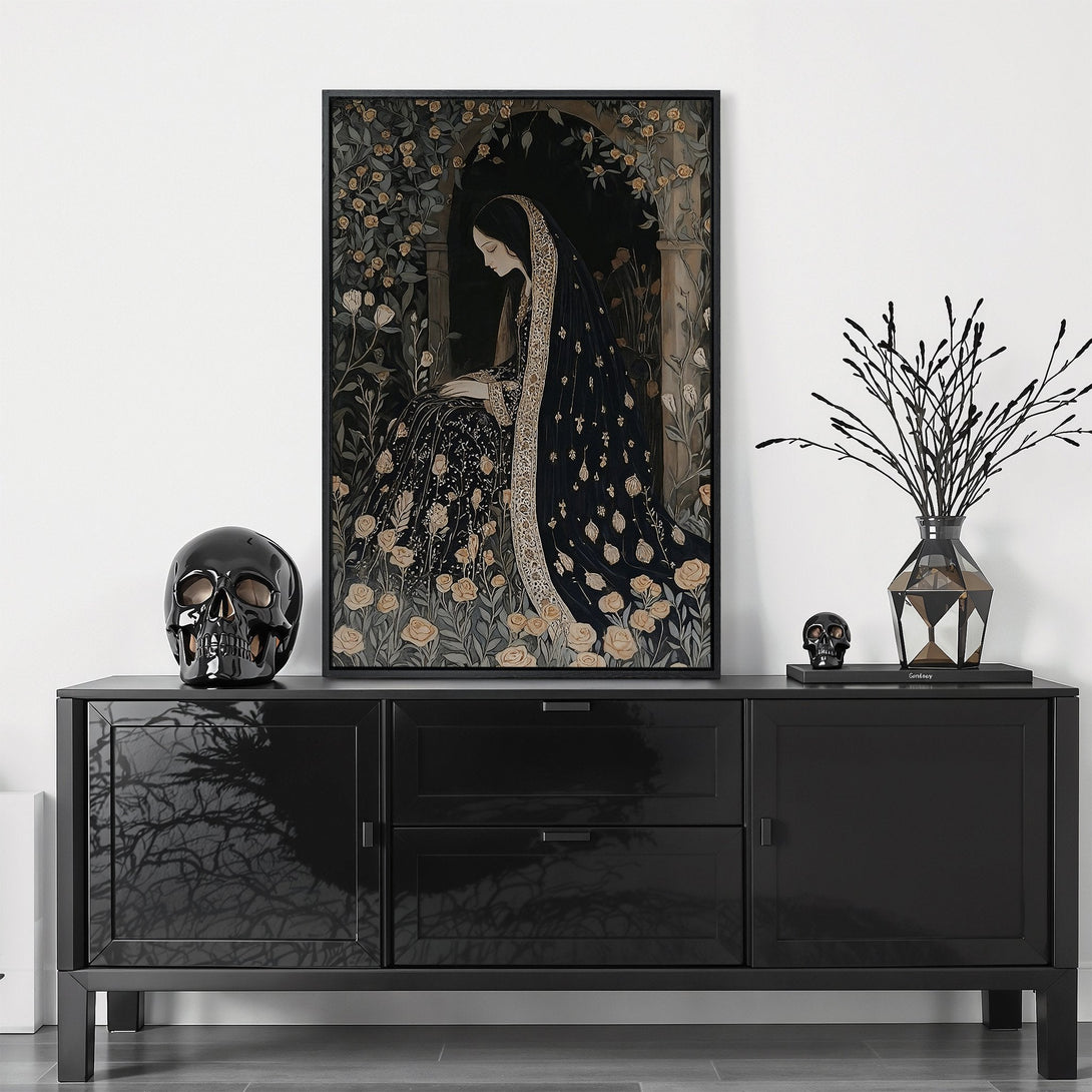 Framed Wall Art: Gothic-style print of a woman in black, surrounded by roses. Dark, moody color palette with gold accents. Perfect for adding elegance.