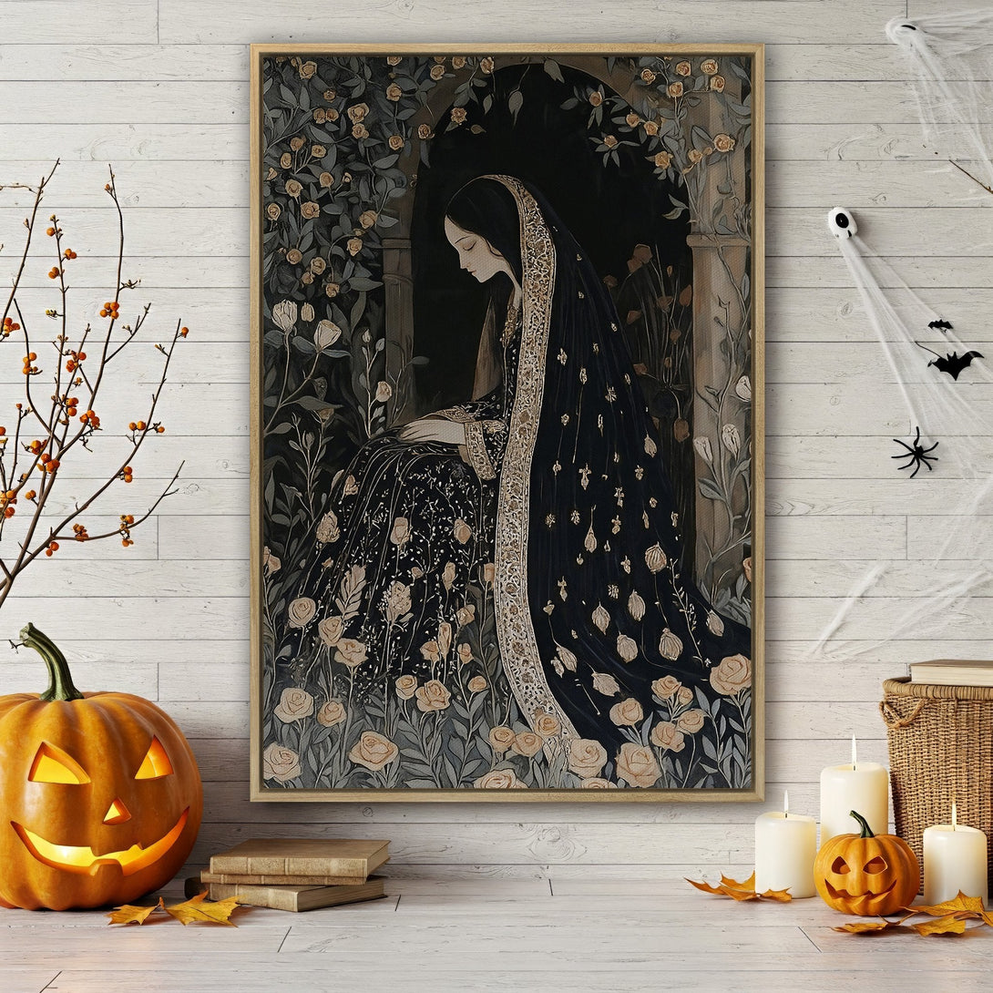 Framed Wall Art: Gothic woman in black dress with floral details, vintage style. Earthy tones and dark palette create a moody, elegant aesthetic.